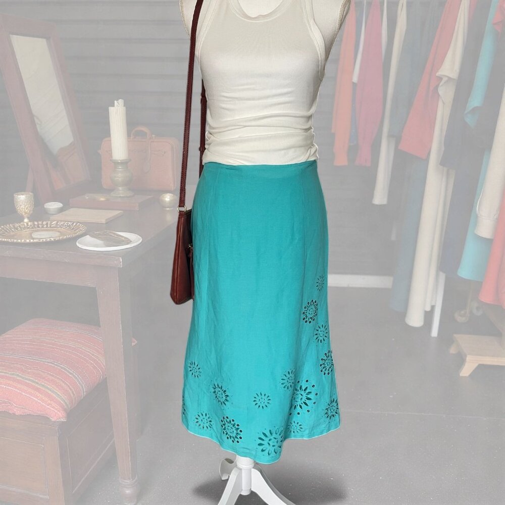 Vintage Harold’s Womens Sze 4 Linen Blend Eyelet Midi Skirt Teal Boho Preppy Y2K